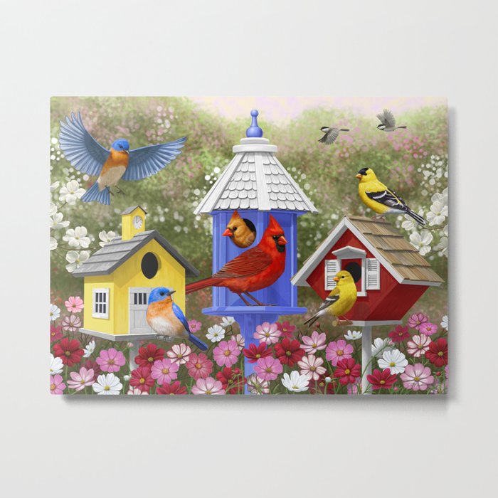 Birds and Colorful Bird Houses Metal Print