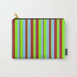 [ Thumbnail: Red, Light Sky Blue, and Chartreuse Colored Lined/Striped Pattern Carry-All Pouch ]