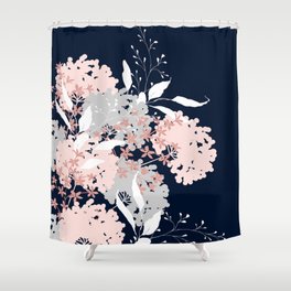 Festive, Wildflowers, Floral Print, Navy Blue and Pink Shower Curtain | Nature, Aesthetic, Holidays, Curated, Graphicdesign, Bathroom, Pretty, Flower, Floral, Leaves 