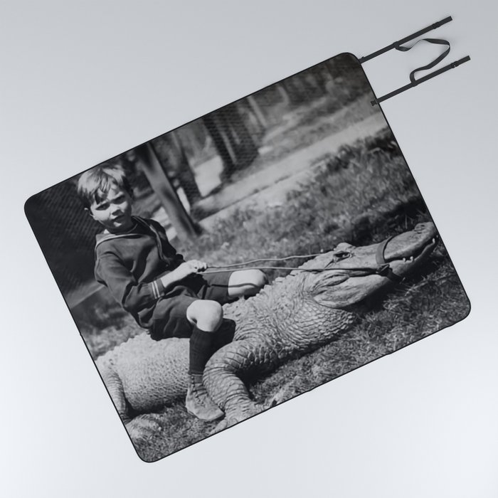 Little boy riding pet alligator strange and weird portrait black and white photograph - photography - photographs Picnic Blanket
