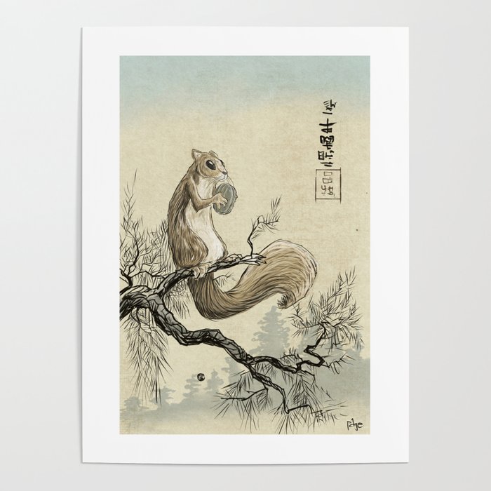 Woodblock Squirrel Poster