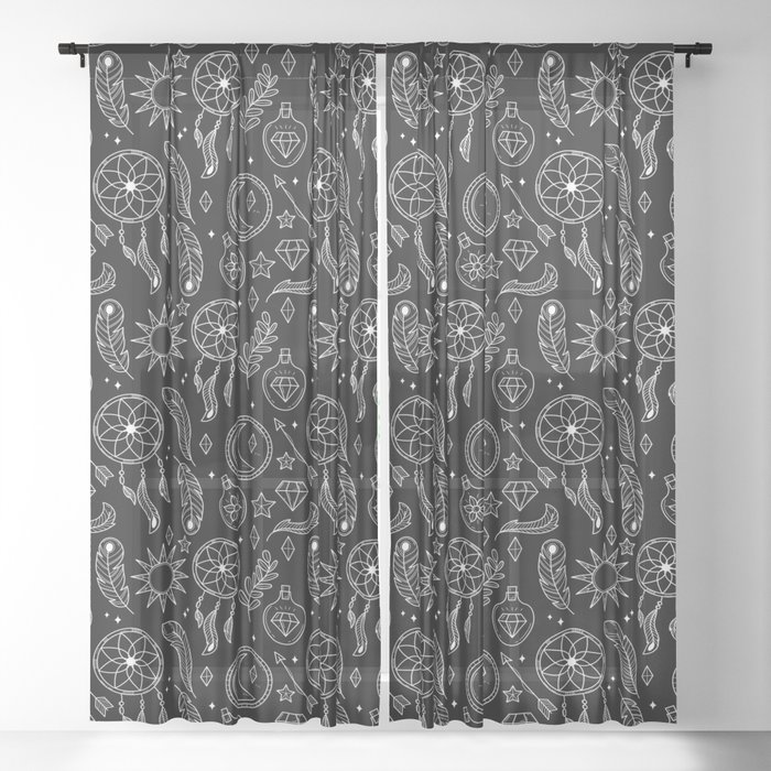 Black And White Hand Drawn Boho Pattern Sheer Curtain