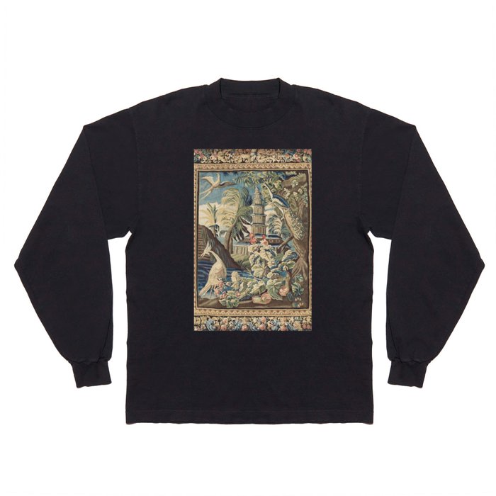Antique 18th Century Peacock and Phoenix French Aubusson Tapestry Long Sleeve T Shirt
