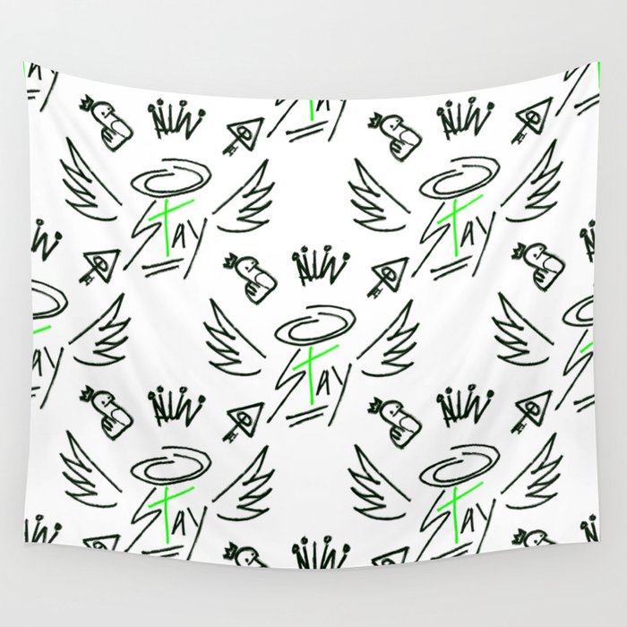 Winged Stay - Green + White Wall Tapestry