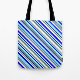 [ Thumbnail: Aquamarine, Grey, Beige & Blue Colored Pattern of Stripes Tote Bag ]