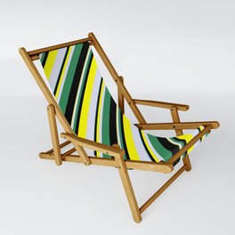 [ Thumbnail: Sea Green, Black, Yellow, and Lavender Colored Stripes Pattern Sling Chair ]