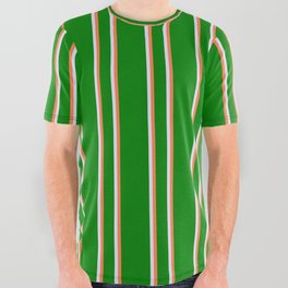 [ Thumbnail: Green, Coral & Lavender Colored Stripes/Lines Pattern All Over Graphic Tee ]
