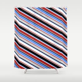 [ Thumbnail: Eyecatching Cornflower Blue, White, Red, Light Gray & Black Colored Lined/Striped Pattern Shower Curtain ]