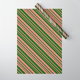 [ Thumbnail: Dark Green & Light Coral Colored Lined/Striped Pattern Wrapping Paper ]