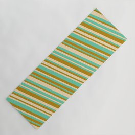 [ Thumbnail: Tan, Aquamarine & Dark Goldenrod Colored Striped/Lined Pattern Yoga Mat ]