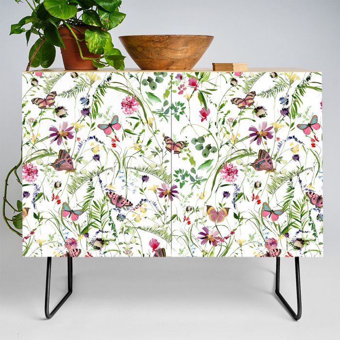 Watercolor Midsummer Wildflowers And Insectes Meadow Credenza