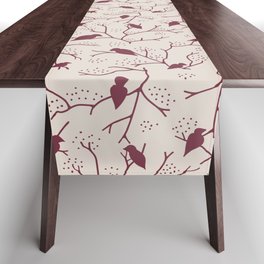 Red tree brunches and birds on tan background Table Runner