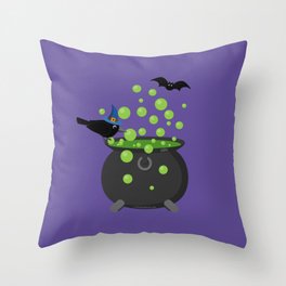 Halloween: Crow Looking into a Bubbling Cauldron Throw Pillow