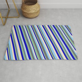 [ Thumbnail: Light Sky Blue, Dim Gray, Dark Sea Green, Blue & Bisque Colored Lined/Striped Pattern Rug ]