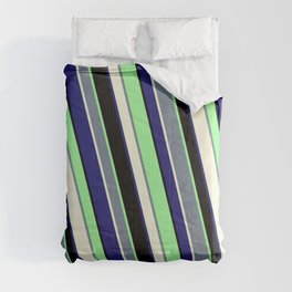 [ Thumbnail: Vibrant Slate Gray, Beige, Midnight Blue, Black, and Green Colored Stripes/Lines Pattern Comforter ]
