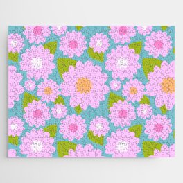 Fun Pretty Pink Summer Garden Flowers On Turquoise Jigsaw Puzzle
