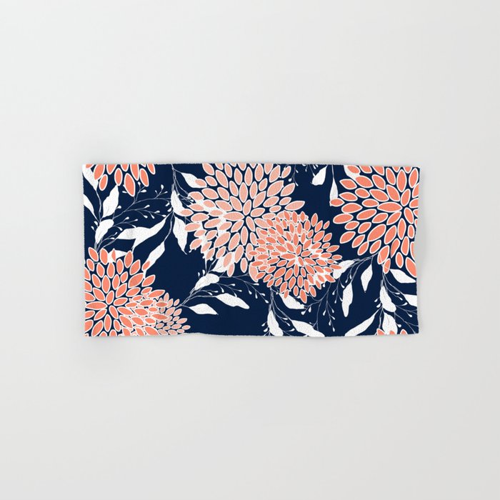 Floral Blooms and Leaves, Navy, Coral and White Hand & Bath Towel