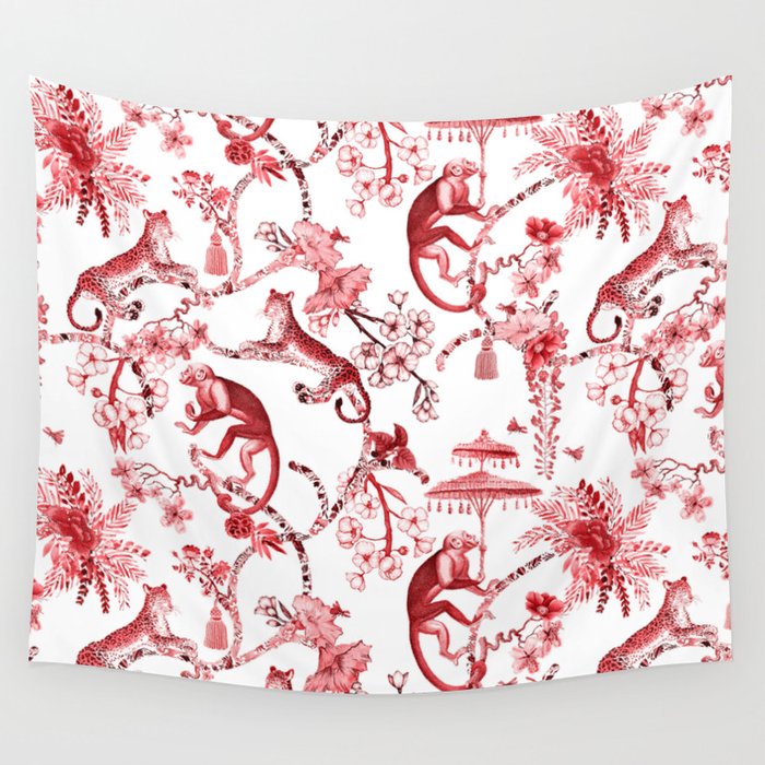 Chinoiserie Monkey Jungle Botanical Red Toile de Jouy Art Wall Tapestry