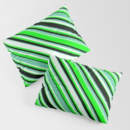 [ Thumbnail: Aquamarine, Mint Cream, Lime, and Black Colored Pattern of Stripes Pillow Sham ]