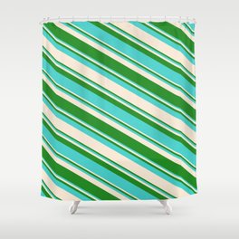 [ Thumbnail: Forest Green, Turquoise & Beige Colored Striped Pattern Shower Curtain ]