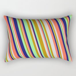 [ Thumbnail: Midnight Blue, Red, Light Grey, Dark Goldenrod & Light Green Colored Lined/Striped Pattern Rectangular Pillow ]