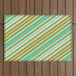 [ Thumbnail: Bisque, Turquoise, and Dark Goldenrod Colored Lines Pattern Outdoor Rug ]