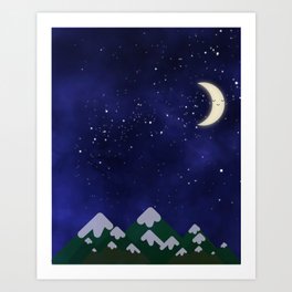 Starry Night Moonlight Calm Moon Midnight Snowy Mountain Landscape Art Print