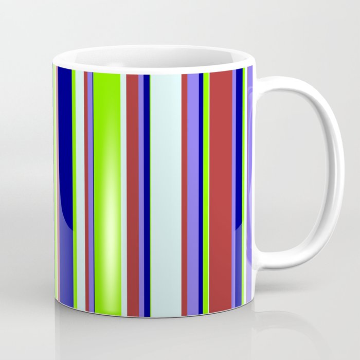 Colorful Brown, Medium Slate Blue, Blue, Chartreuse & Light Cyan Colored Striped/Lined Pattern Coffee Mug