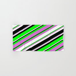 [ Thumbnail: Lime, Orchid, White & Black Colored Lined/Striped Pattern Hand & Bath Towel ]