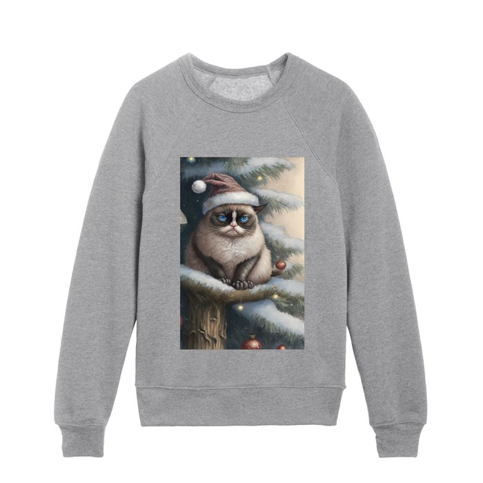  grumpy meow cat christmas Kids Crewneck