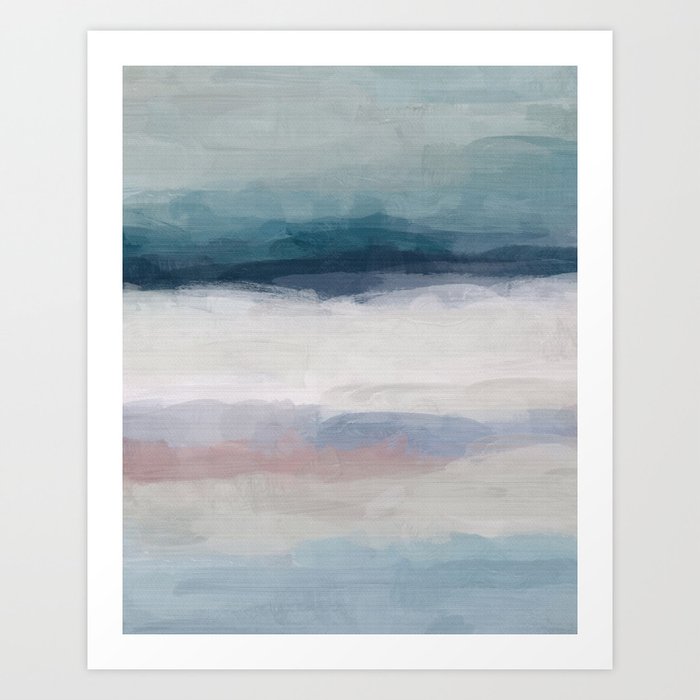 Lullaby Waves III - Dark Teal Blue White Pink Light Blue Modern Art, Ocean Waves Nursery Beach Art Print