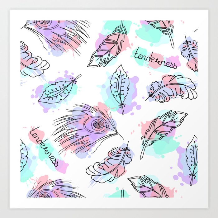 Watercolor Splashes Feathers Tenderness Pattern Art Print