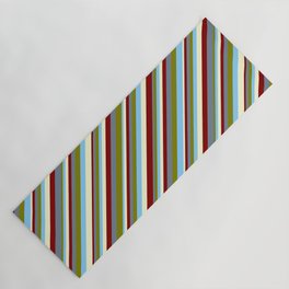 [ Thumbnail: Maroon, Slate Gray, Green, Light Sky Blue, and Light Yellow Colored Stripes/Lines Pattern Yoga Mat ]