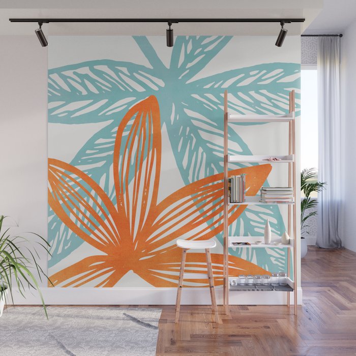 Abstract Wallpaper Pink and Blue Shapes and Leaves Tropical Modern  Minimalistic Peel and Stick Self Adhesive Removable Wall Mural 