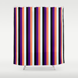 [ Thumbnail: Indigo, Coral, Light Cyan & Black Colored Pattern of Stripes Shower Curtain ]