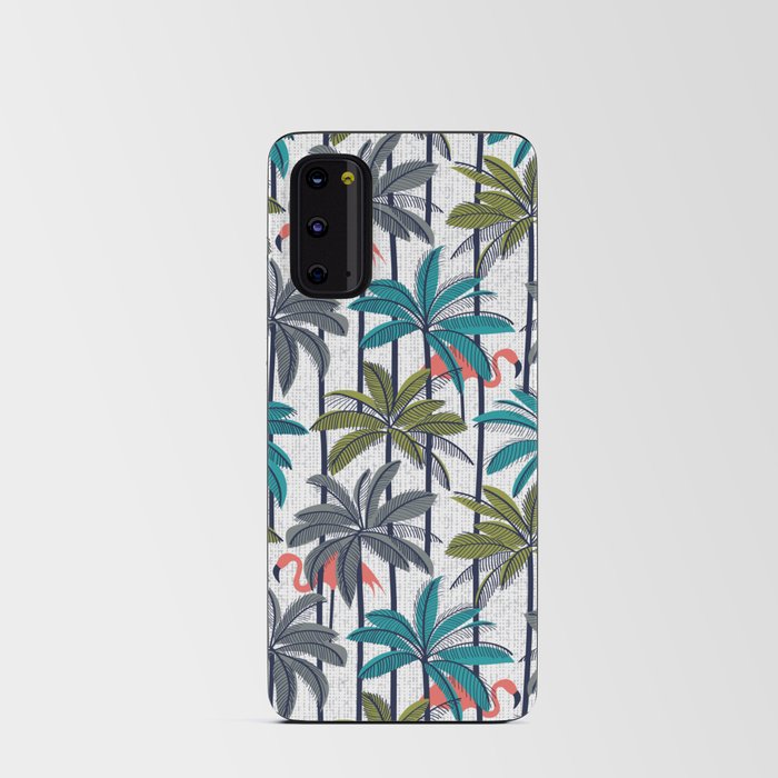 Retro vacation mode // white background highball green peacock blue and green grey palm trees oxford navy blue lines coral flamingos Android Card Case