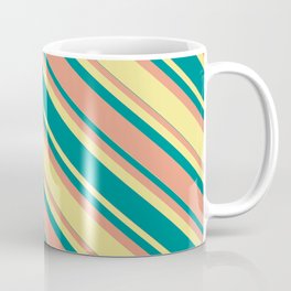 [ Thumbnail: Dark Salmon, Tan & Dark Cyan Colored Lined/Striped Pattern Coffee Mug ]