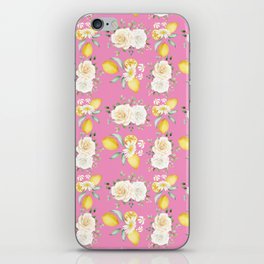 Lemons and White Flowers Pattern On Pink Background iPhone Skin