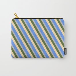 [ Thumbnail: Dark Olive Green, Beige, Cornflower Blue & Grey Colored Lines Pattern Carry-All Pouch ]