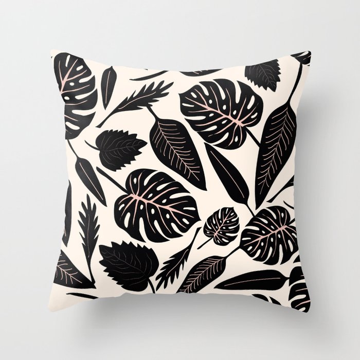 Monstera leaves Black and beige Throw Pillow