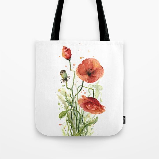 Red Poppies Watercolor Flower Floral Art Tote Bag