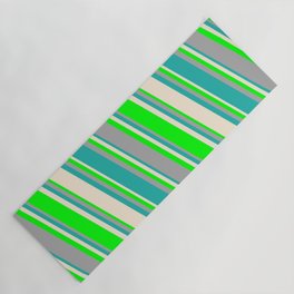 [ Thumbnail: Beige, Lime, Dark Gray, and Light Sea Green Colored Pattern of Stripes Yoga Mat ]