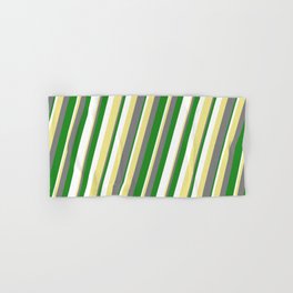 [ Thumbnail: Tan, Gray, Forest Green, and White Colored Stripes Pattern Hand & Bath Towel ]