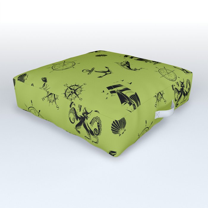 Light Green And Black Silhouettes Of Vintage Nautical Pattern Outdoor Floor Cushion