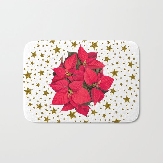 Red Christmas flower and sparkly gold stars Bath Mat