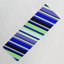 [ Thumbnail: Green, Light Cyan, Slate Blue, Blue, and Black Colored Stripes Pattern Yoga Mat ]