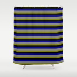 [ Thumbnail: Green, Black, Blue & Gray Colored Lined Pattern Shower Curtain ]