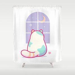 Cute Stargazing Cat Looking Out Window at the Moon & Night Sky  Shower Curtain