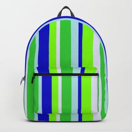 [ Thumbnail: Colorful Powder Blue, Blue, Chartreuse, Lavender & Lime Green Colored Lines Pattern Backpack ]