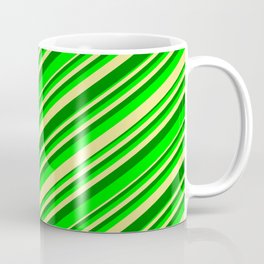 [ Thumbnail: Tan, Green & Lime Colored Stripes/Lines Pattern Coffee Mug ]